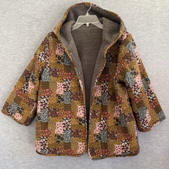 Patchwork Boho Fleece Chore Coat M/L Hooded Reversible Embroidered Cottagecore - Picture 6 of 12
